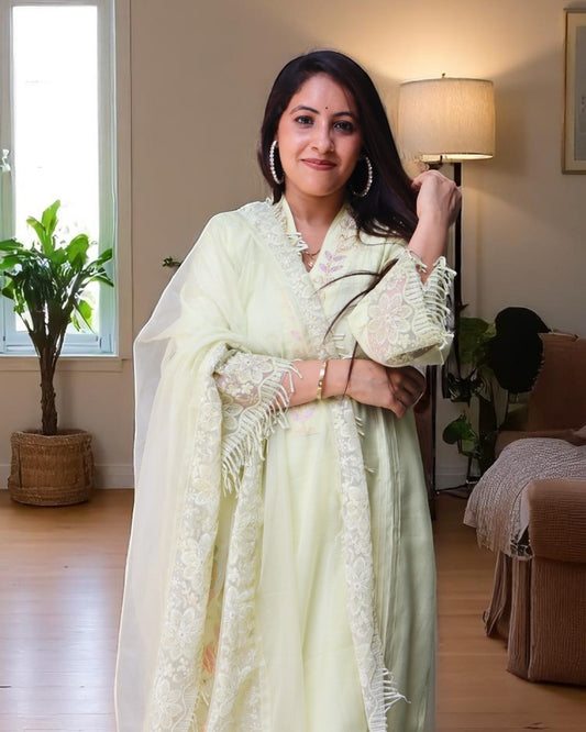RAB0120 Designer Mal Chanderi Pista Green Color Embroidery Work 3 Pcs Set