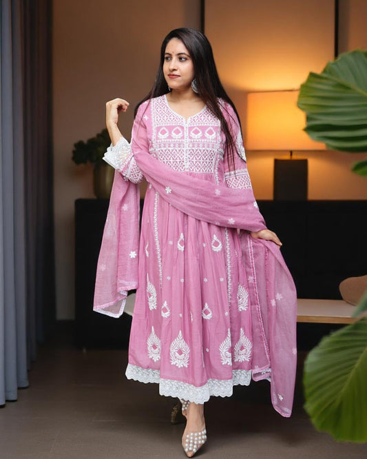 SDD0124 Designer Onion Pink Color Mal Cotton Embroided 3 Pcs Set