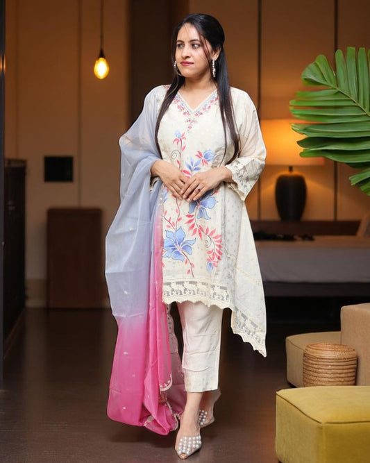 RAB0119 Designer Tissue Shimmer Off White Color Embroidery Work 3 Pcs Set