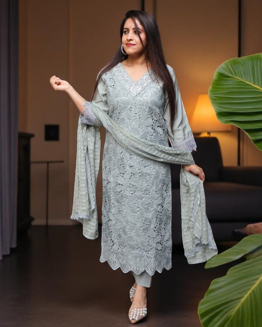 RAB0118 Designer Grey Color Muslin 3 Pcs Set