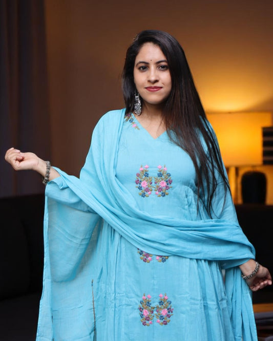SDD0122 Designer Powder Blue Color Mal Cotton Embroided 3 Pcs Set