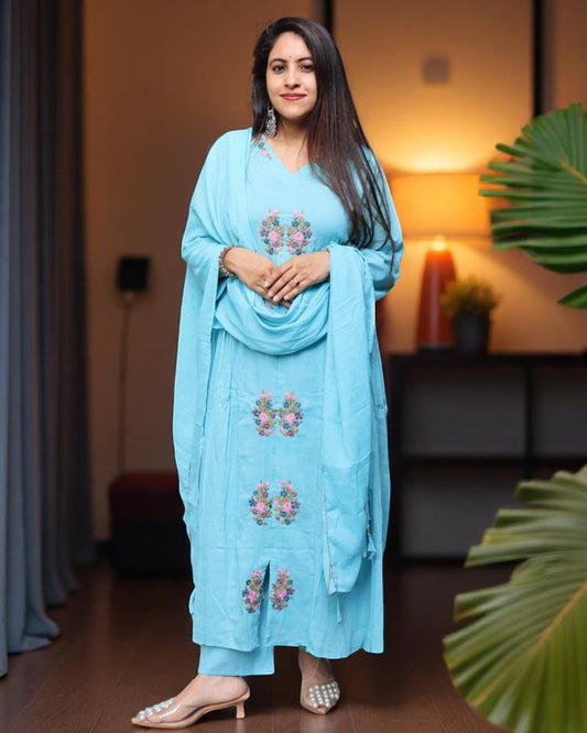 SDD0122 Designer Powder Blue Color Mal Cotton Embroided 3 Pcs Set