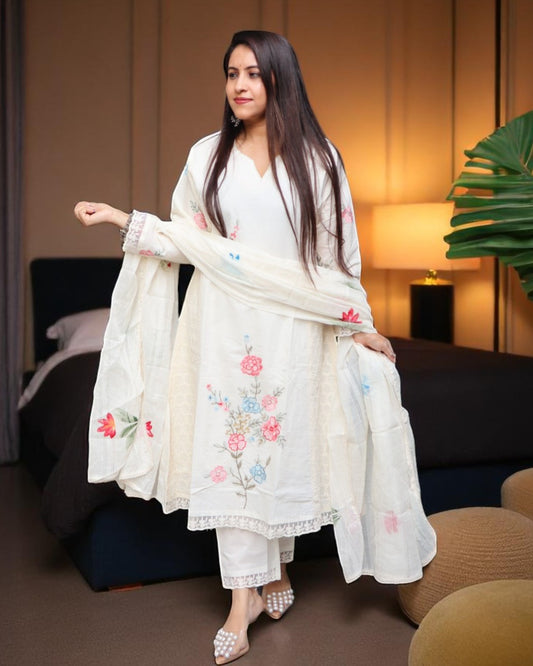 SCD0121 Designer Off White Color Cotton Embroidery Work 3 Pcs Set