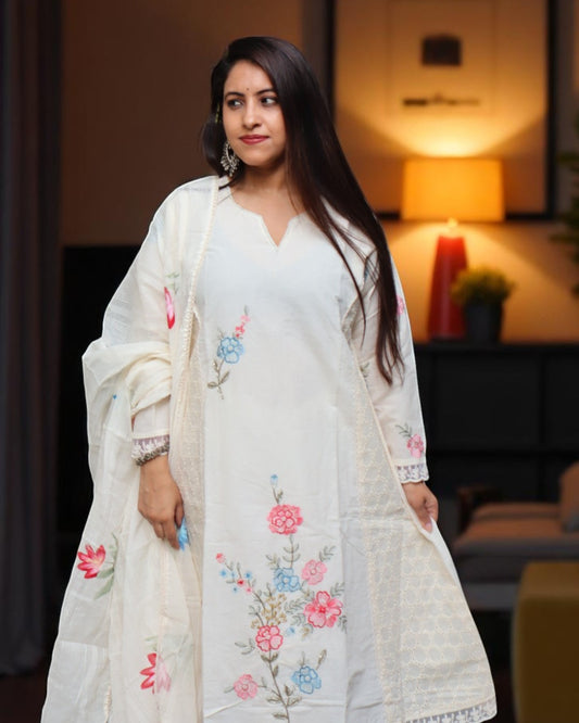 SCD0121 Designer Off White Color Cotton Embroidery Work 3 Pcs Set