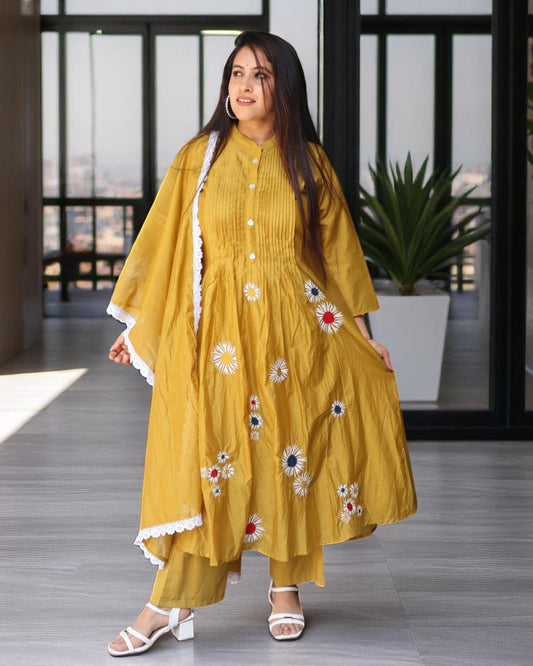 SDA0121 Designer Mal Chanderi Mustard Color Embroidery Work 3 Pcs Set