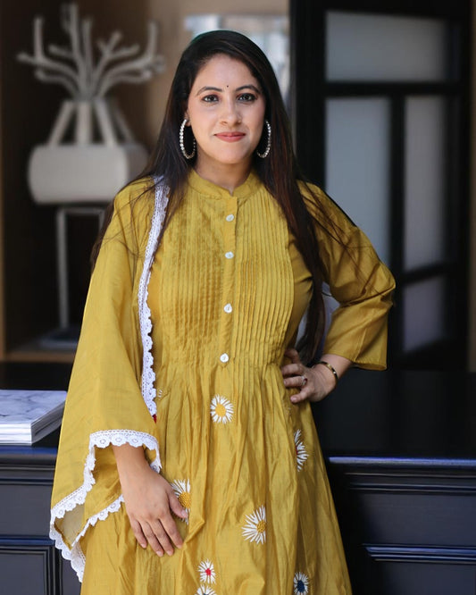 SDA0121 Designer Mal Chanderi Mustard Color Embroidery Work 3 Pcs Set