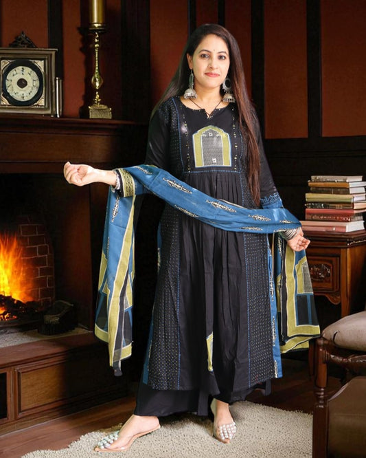 SCA139 Designer Cotton Black Color Embroidery Work 3 Pcs Set