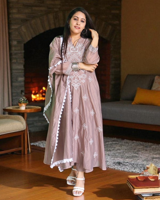 ALB0134 Designer Mal Chanderi Mouse Color Embroidery Work 3 Pcs Set