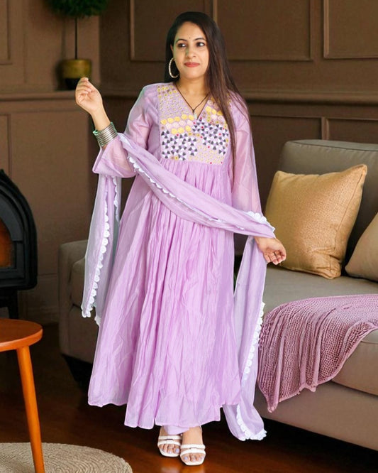 ALB0135 Designer Mal Chanderi Purple Color Embroidery Work 3 Pcs Set