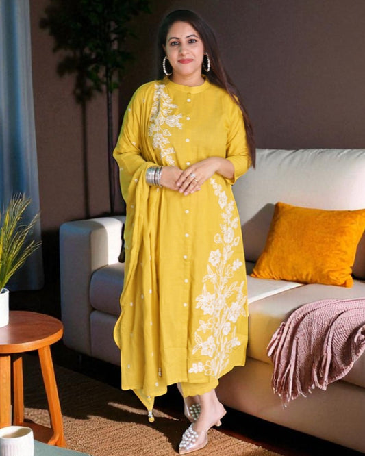 GDA0131 Designer Cotton Mustard Color Embroidery Work 3 Pcs Set
