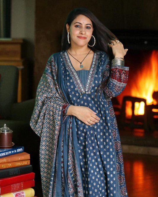 DEC0136 Designer Cotton Blue Color Embroidery Work 3 Pcs Set