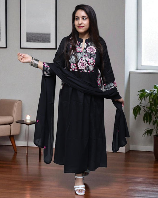 SAA0146 Designer Cotton Black Color Embroided 3 Pcs Set