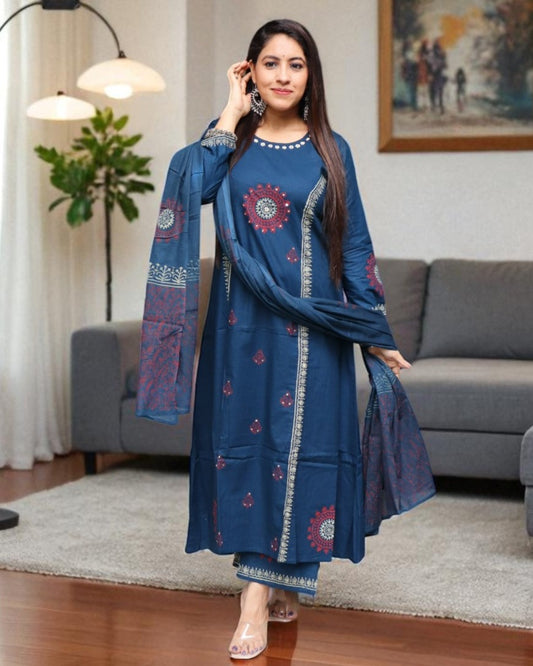 SCA0151 Designer Cotton Blue Color Real Mirror 3 Pcs Set