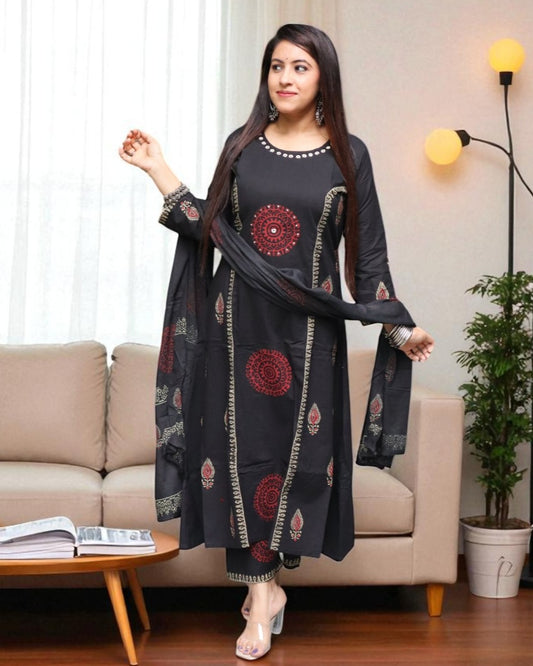 SCA0150 Designer Cotton Black Color Real Mirror 3 Pcs Set