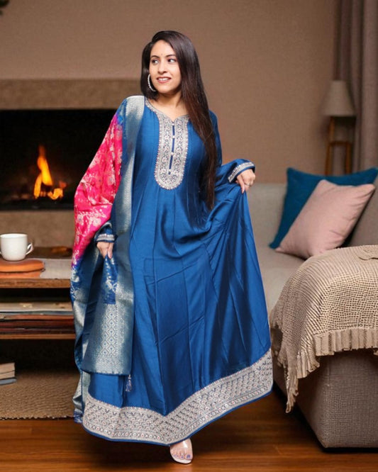 YCA0171 Designer Chinnon Navy Blue Color 2 Pcs Set