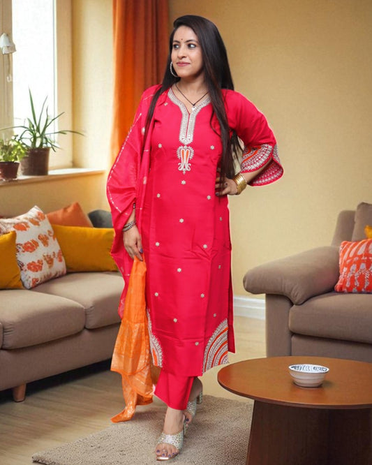 BCE0176 Designer Partywear Muslin Cherry Red Color 3 Pcs Set