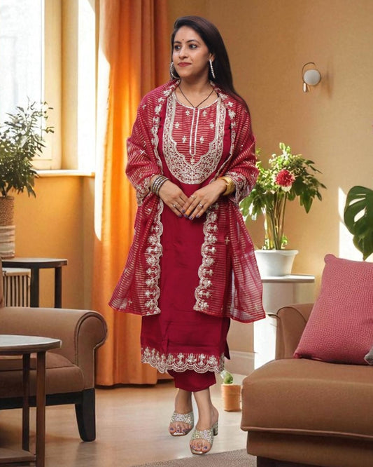 BCE0177 Designer Partywear Muslin Maroon Color 3 Pcs Set