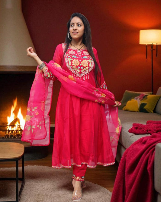YCB0179 Designer Partywear Chanderi Hot Pink Color 3 Pcs Set
