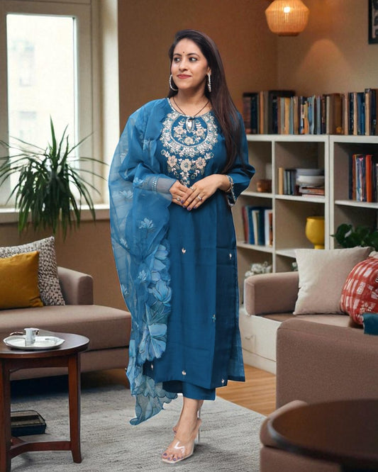 YCB0178 Designer Partywear Dola Silk Teal Blue Color 3 Pcs Set