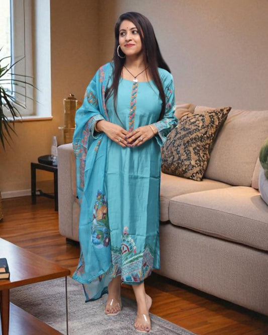 YCB0181 Designer Muslin Blue Color 3 Pcs Set