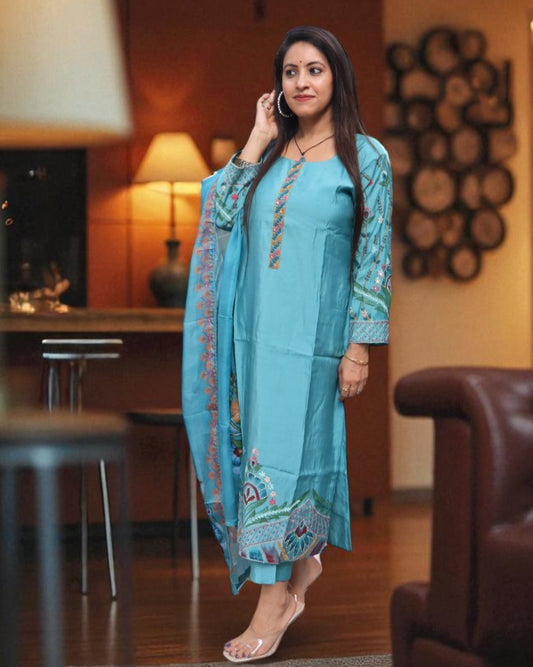 YCB0181 Designer Muslin Blue Color 3 Pcs Set
