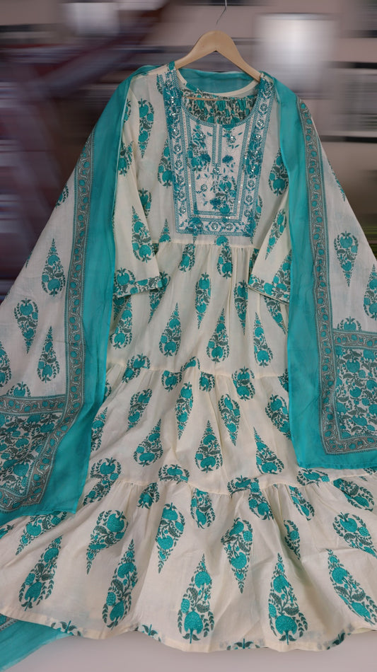 ISHI 785 Beautiful Off White & Color Cotton Schiffli Straight 3 Pcs Suit