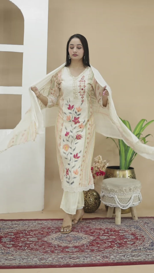 ISHI725 Beautiful Designer Off White & Pink Color Cotton Straight 3 Pcs Suit